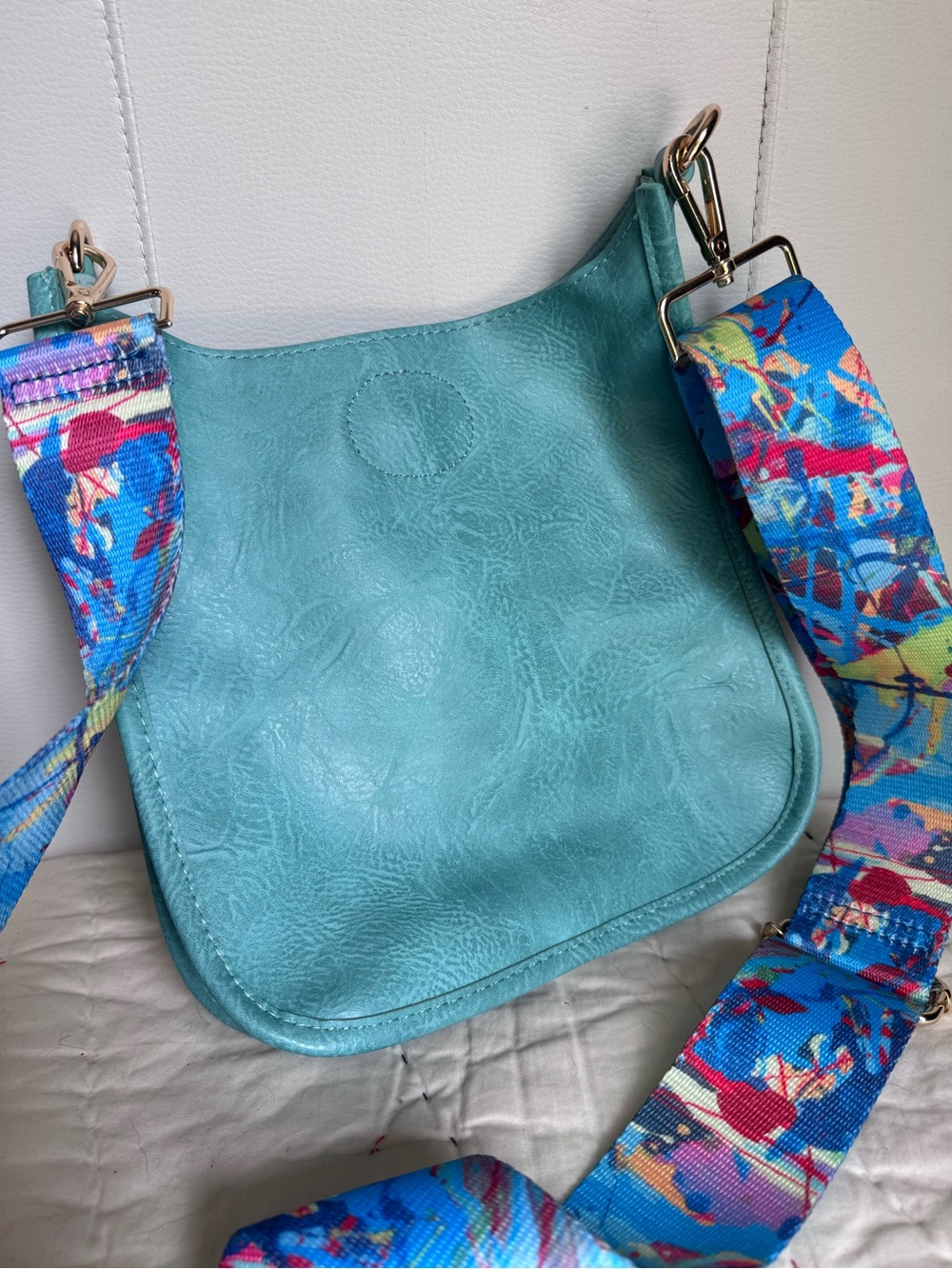 Ahdorned Vegan Leather Turquoise Crossbody Bag with Colorful Strap